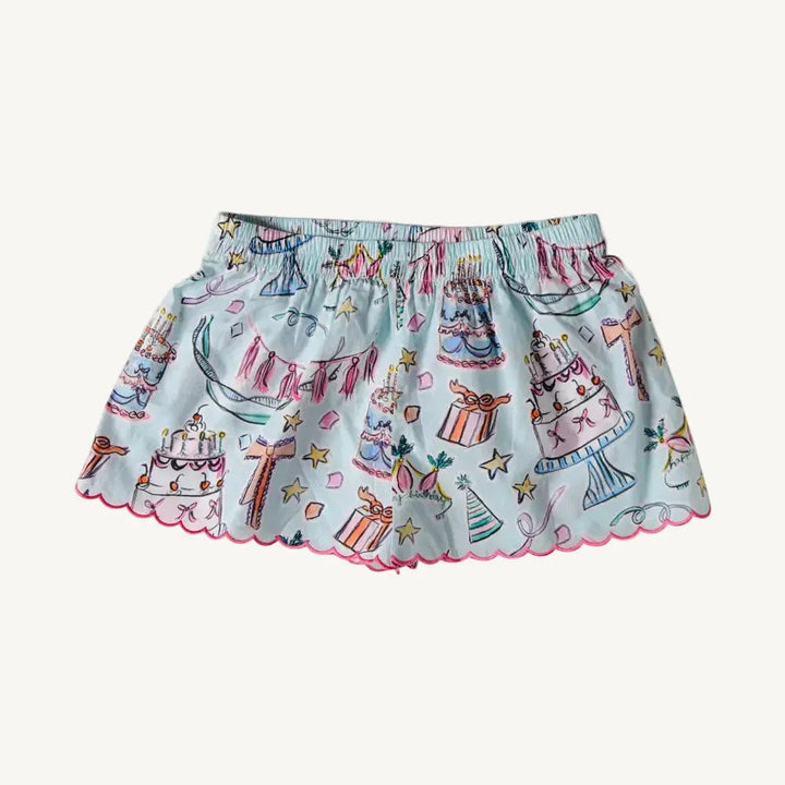Birthday girl pajama shorts in pinks and blues for a young girl.