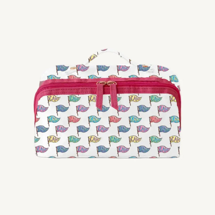 A pennant printed cosmetic bag for little girls to take to summer camp.
