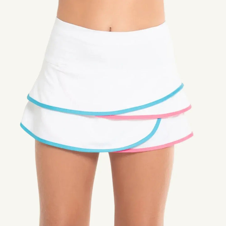 White skirt with blue and pink trim on a white background