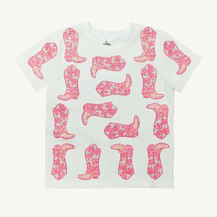 A preppy and pink sequin cowgirl shirt with a white background.