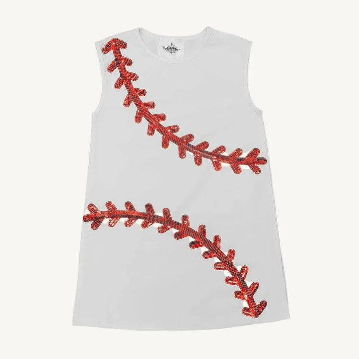 White sleeveless baseball dress with red sequin design on a white background