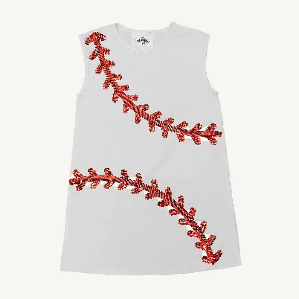 White sleeveless baseball dress with red sequin design on a white background