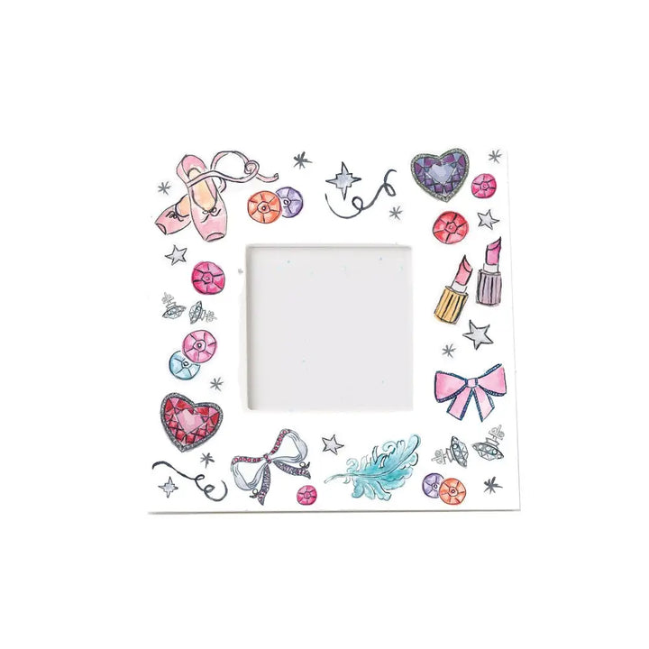Decorative sheet with colorful illustrations of ballet shoes, hearts, bows, and other elements on a white background.
