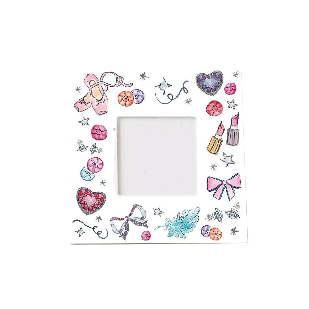 Decorative sheet with colorful illustrations of ballet shoes, hearts, bows, and other elements on a white background.