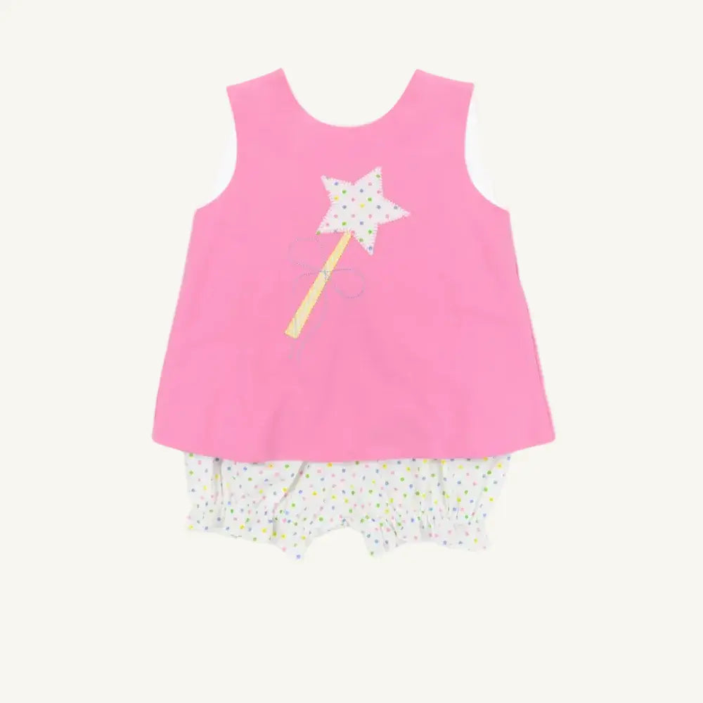 Pink sleeveless top and shorts set with a wand design on a white background