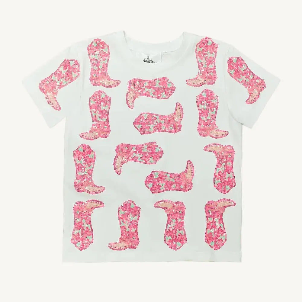 A preppy and pink sequin cowgirl shirt with a white background.