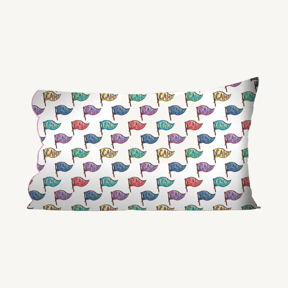 Pillowcase with colorful summer camp pennant pattern on a white background