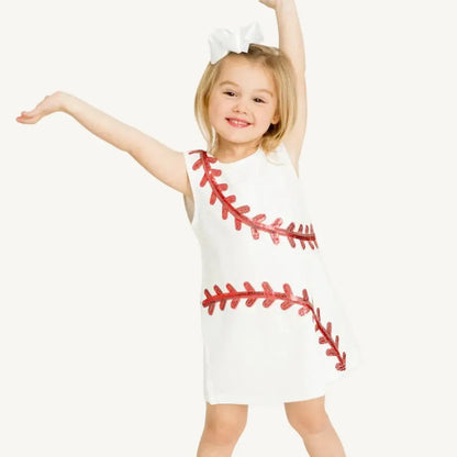 A white and red sequin baseball dress for summer days at the baseball field.